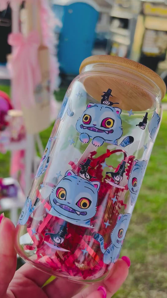 16oz glass cup ✨bamboo lid-blue kitty pop star