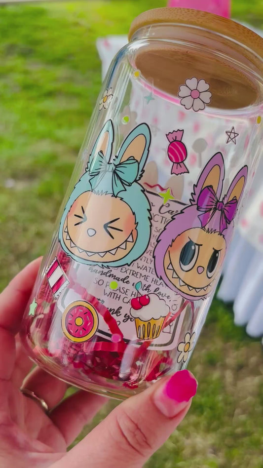 16oz glass cup ✨bamboo lid-colorful bubu friends